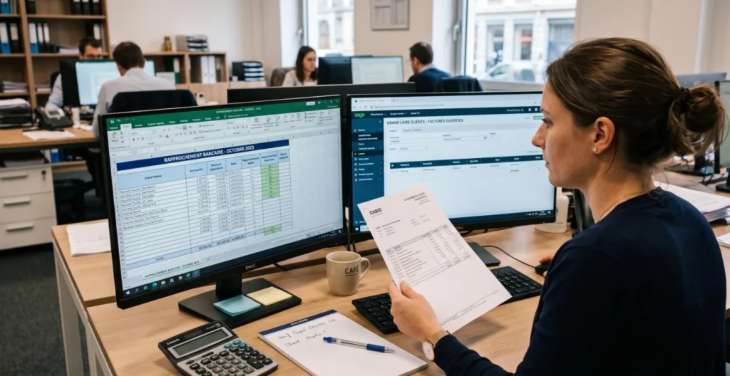Un comptable lettre des règlements clients sur un poste à double écran dans un service comptabilité. Un comptable lettre des règlements clients sur un poste à double écran dans un service comptabilité.